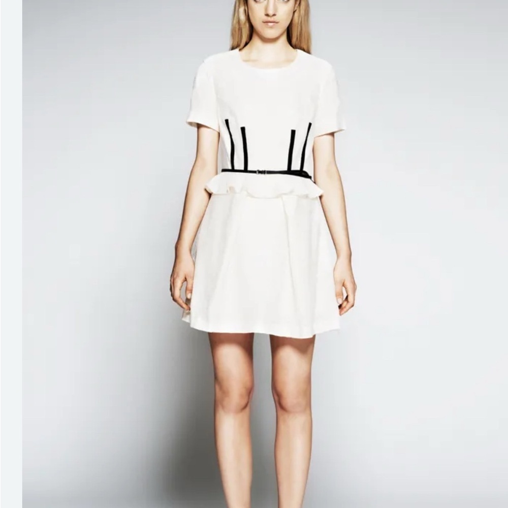 Sea White Mini Dress with Black Accents waist ruffle